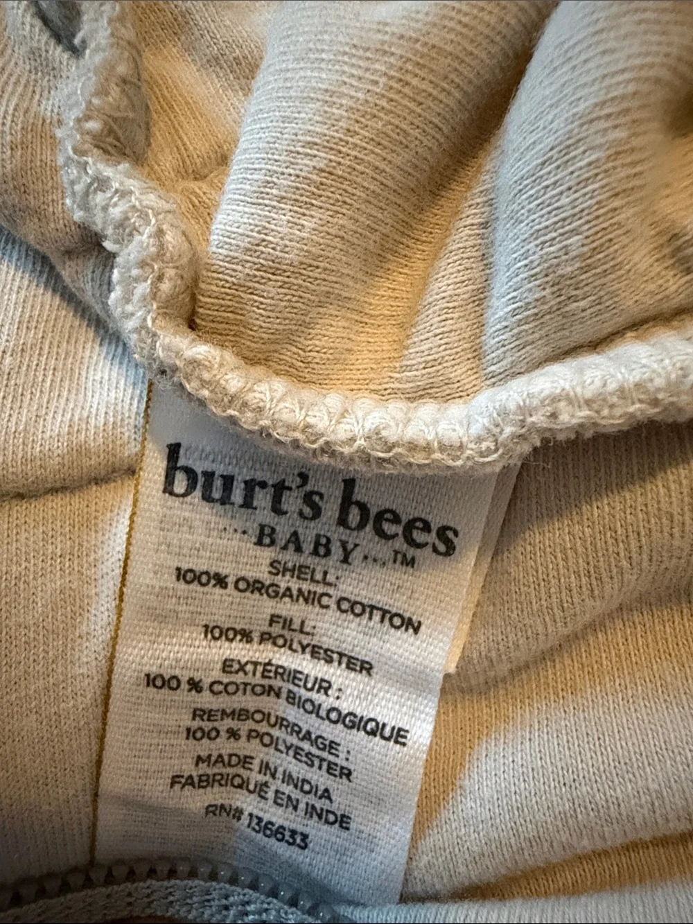 Light Gray Quilted Burts Bees Sleep Sack with Side Zipper